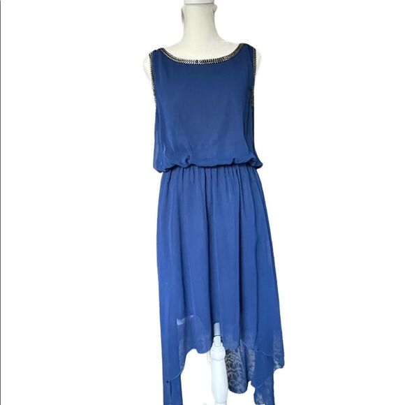 Double zero navy hi-Lo hem sleeveless dress with metallic trim size medium EUC - Picture 1 of 8